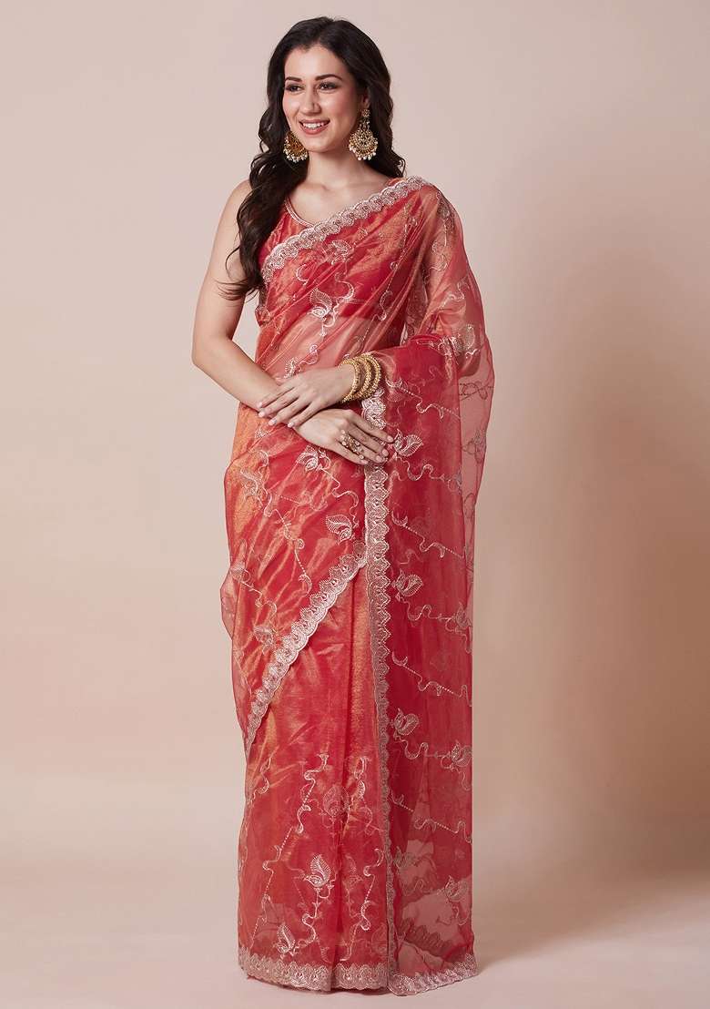 Orange Net Saree Set with Printed for Diwali | Wedding & Festive Wear - Indya