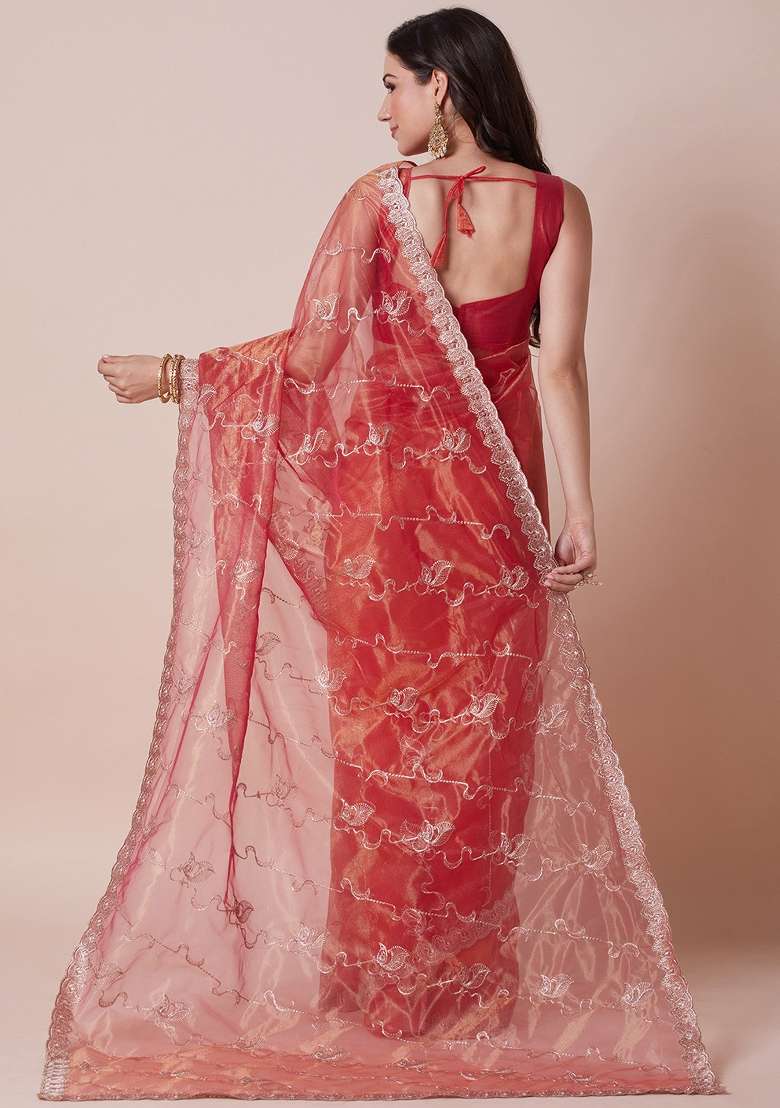 Orange Net Saree Set with Printed for Diwali | Wedding & Festive Wear - Indya