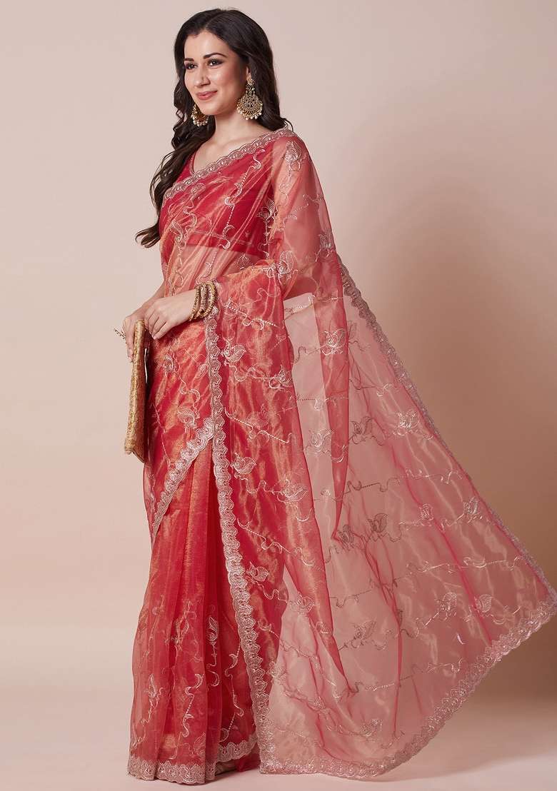 Orange Net Saree Set with Printed for Diwali | Wedding & Festive Wear - Indya