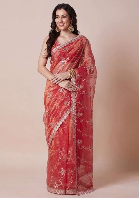 Orange Net Saree Set with Printed for Diwali | Wedding & Festive Wear