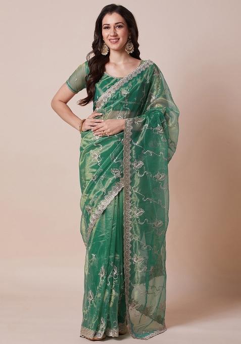 Teal Green Printed Net Saree Set — view on Indya
