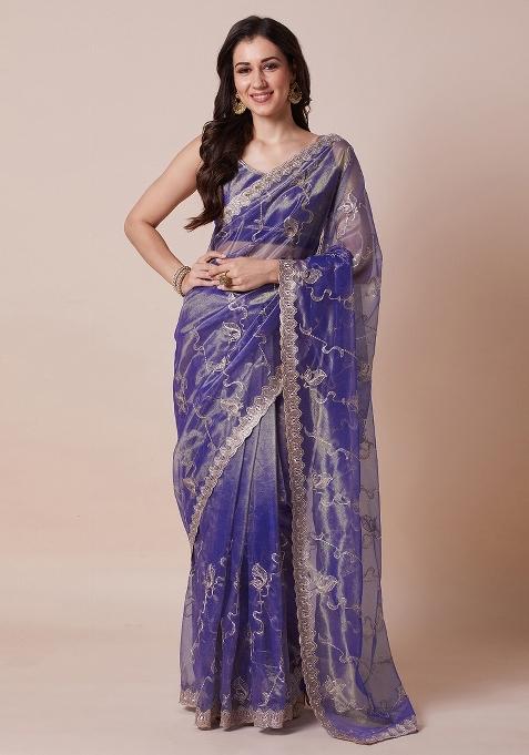 Violet Printed Net Saree Set — view on Indya