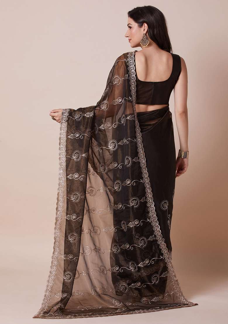 Olive Net Saree Set with Printed for Diwali | Wedding & Festive Wear - Indya