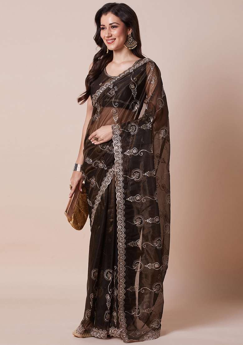Olive Net Saree Set with Printed for Diwali | Wedding & Festive Wear - Indya