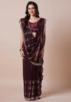 Burgundy Printed Net Saree Set