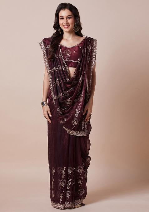Burgundy Printed Net Saree Set — view on Indya