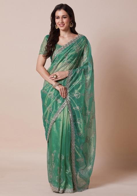 Teal Green Printed Net Saree Set — view on Indya