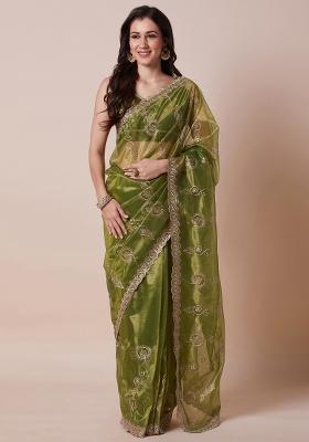 Light Green Printed Net Saree Set