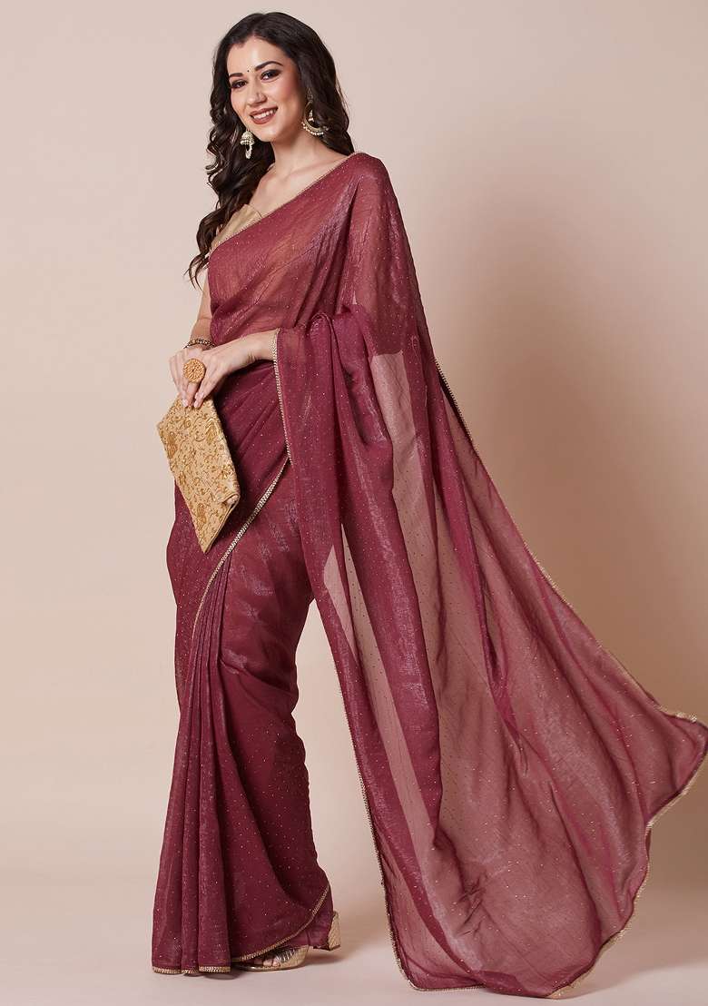 Maroon Printed Satin Silk Saree Set - Indya