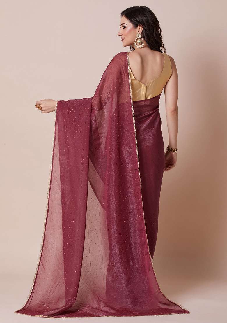 Maroon Printed Satin Silk Saree Set - Indya