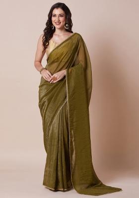 Olive Printed Satin Silk Saree Set