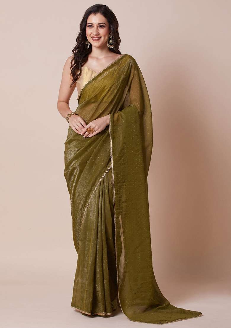 Olive Blend Satin Silk Saree Set with Printed for Diwali | Wedding & Festive Wear - Indya
