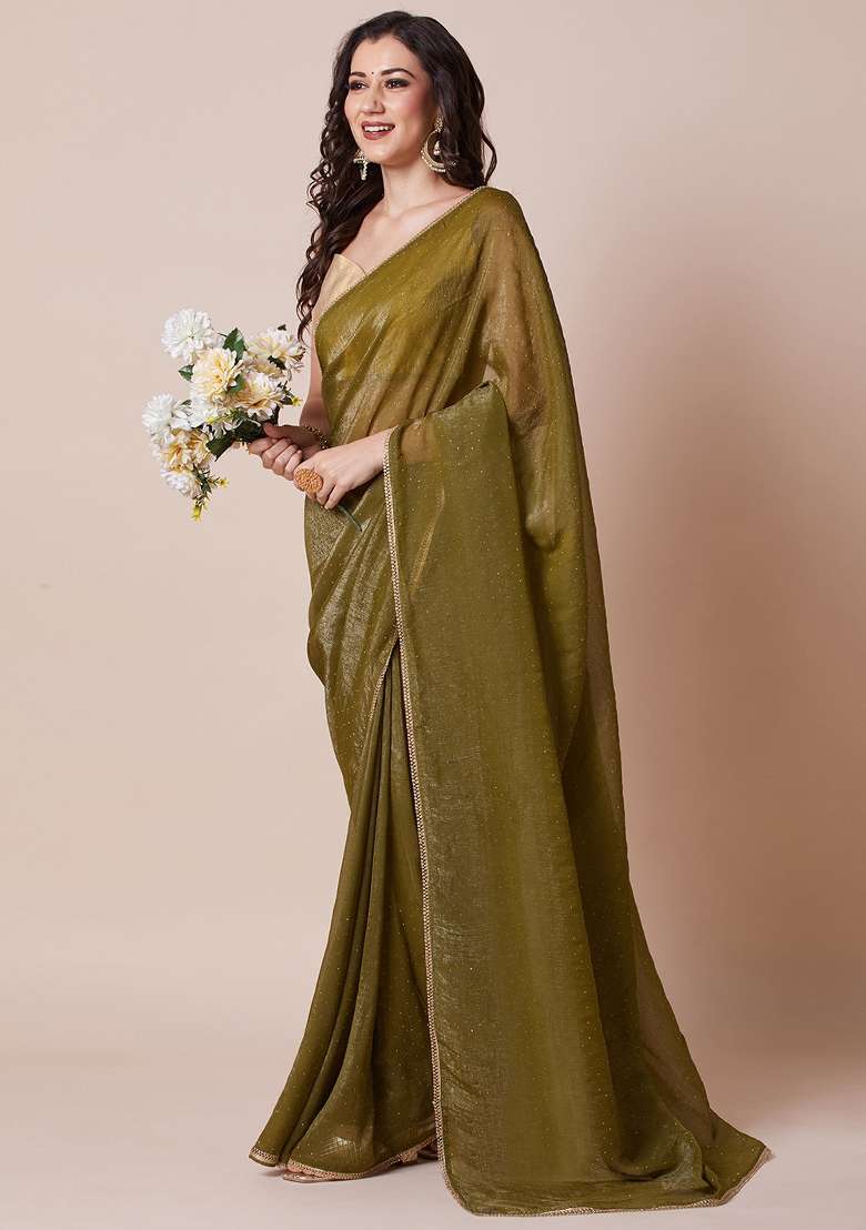 Olive Blend Satin Silk Saree Set with Printed for Diwali | Wedding & Festive Wear - Indya