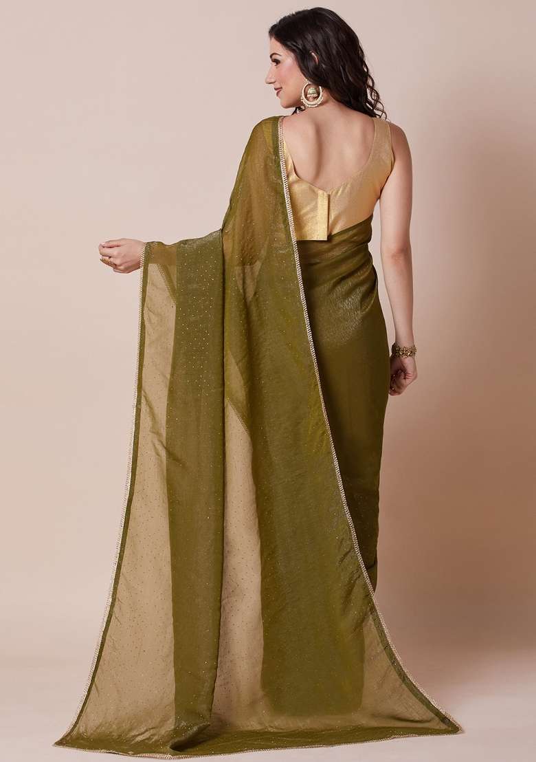 Olive Blend Satin Silk Saree Set with Printed for Diwali | Wedding & Festive Wear - Indya