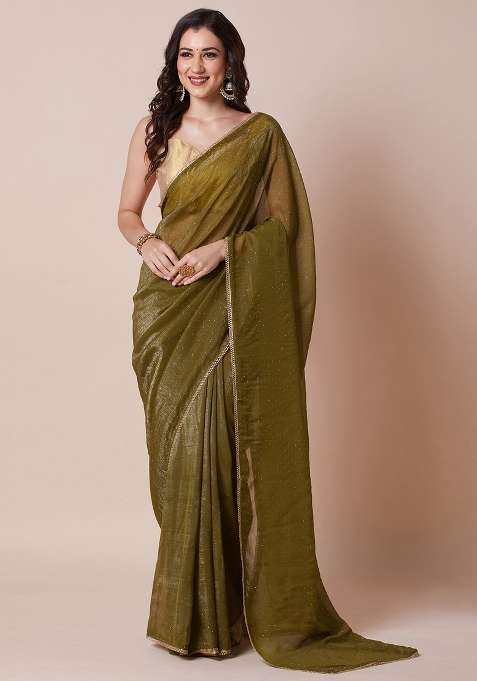 Olive Blend Satin Silk Saree Set with Printed for Diwali | Wedding & Festive Wear