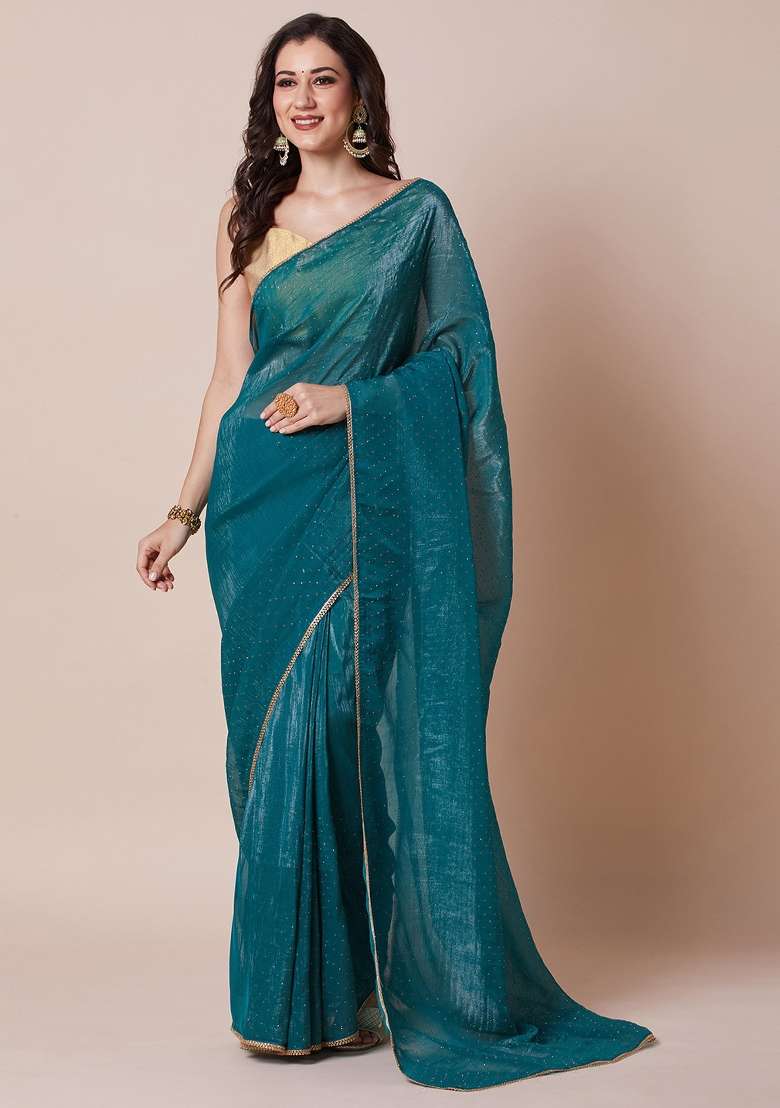 Teal Green Printed Satin Silk Blend Saree Set - Indya