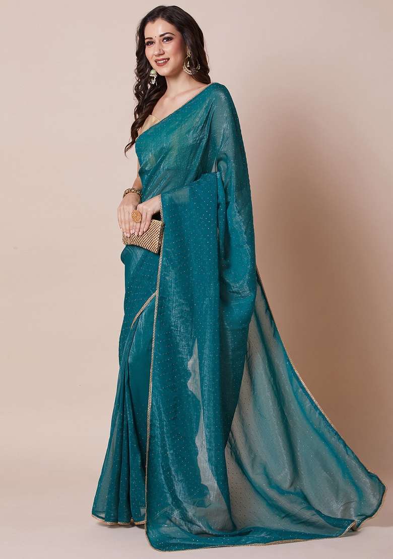 Teal Green Printed Satin Silk Blend Saree Set - Indya