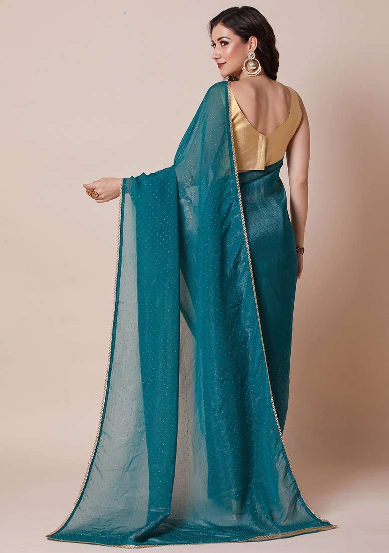 Teal Green Printed Satin Silk Blend Saree Set - Indya