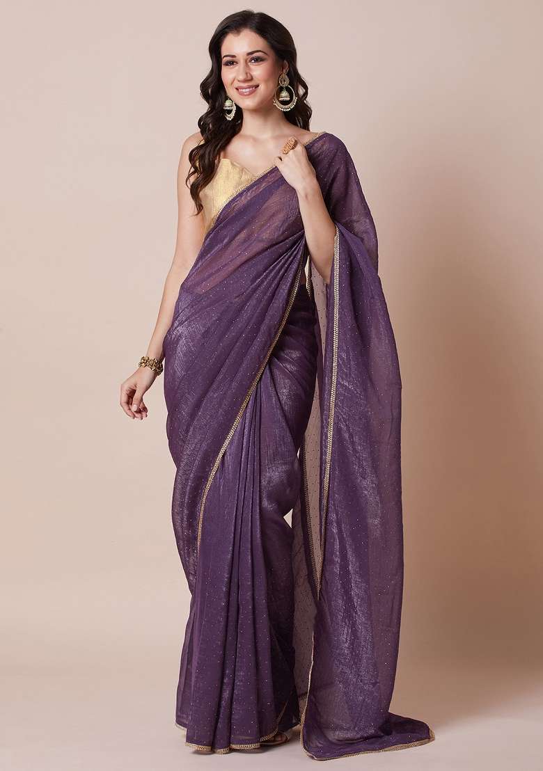 Purple Printed Satin Silk Saree Set - Indya