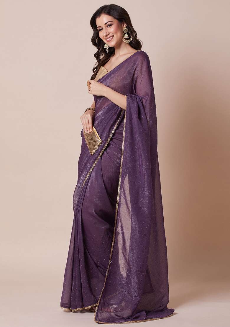 Purple Printed Satin Silk Saree Set - Indya