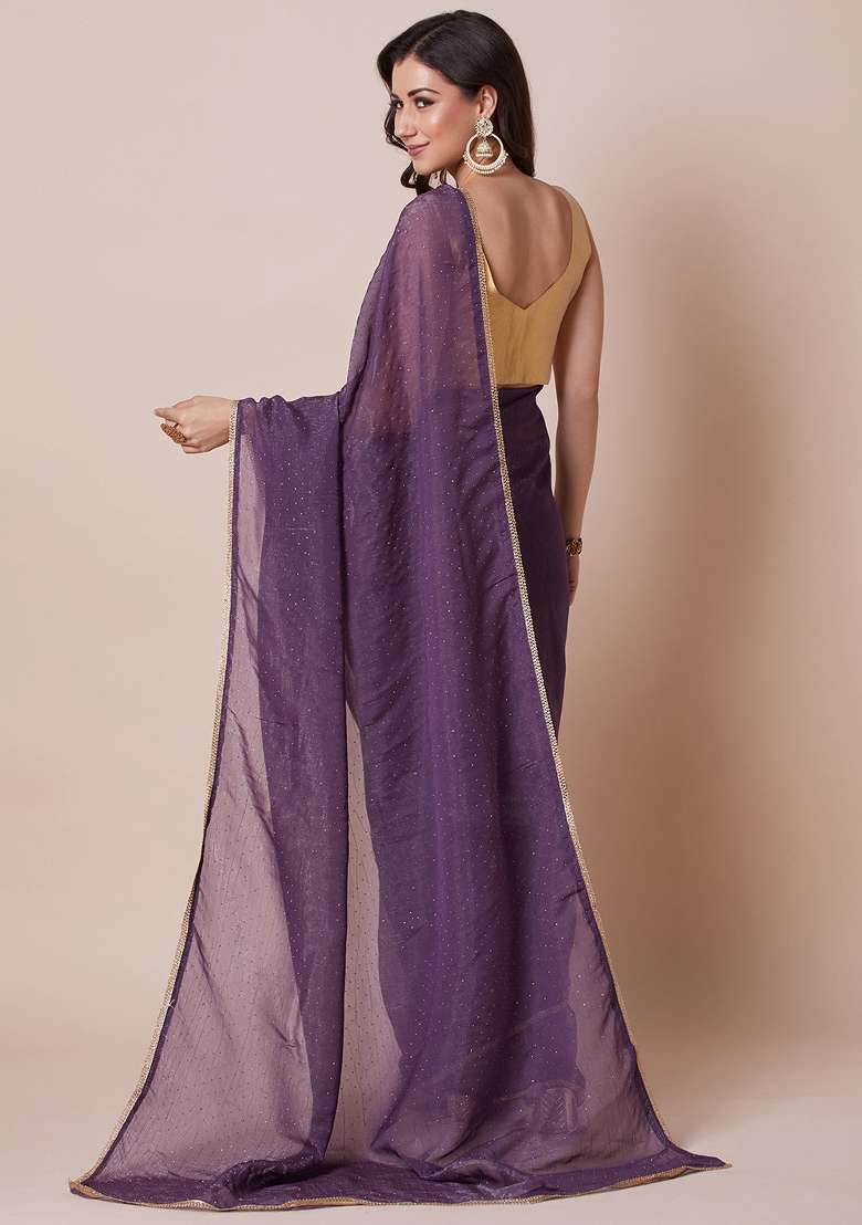 Purple Printed Satin Silk Saree Set - Indya