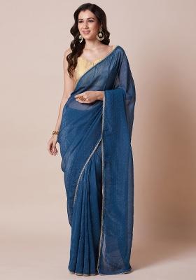 Teal Blue Printed Satin Silk Saree Set