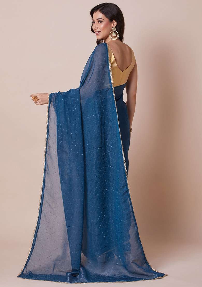 Teal Blue Blend Satin Silk Saree Set with Printed for Diwali | Wedding & Festive Wear - Indya