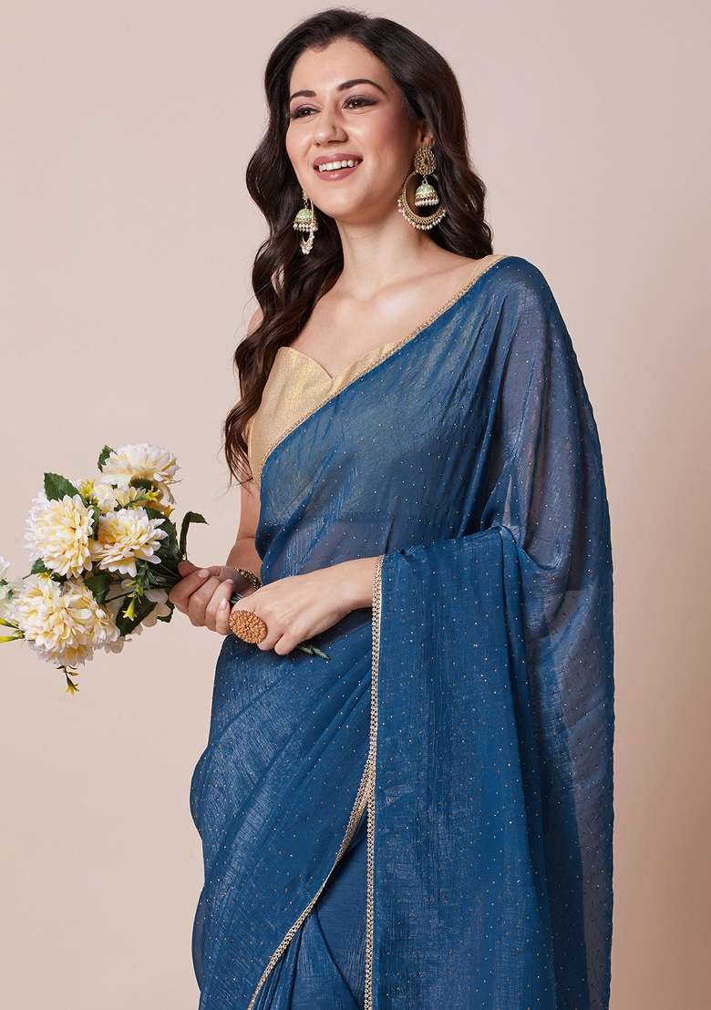 Teal Blue Blend Satin Silk Saree Set with Printed for Diwali | Wedding & Festive Wear - Indya