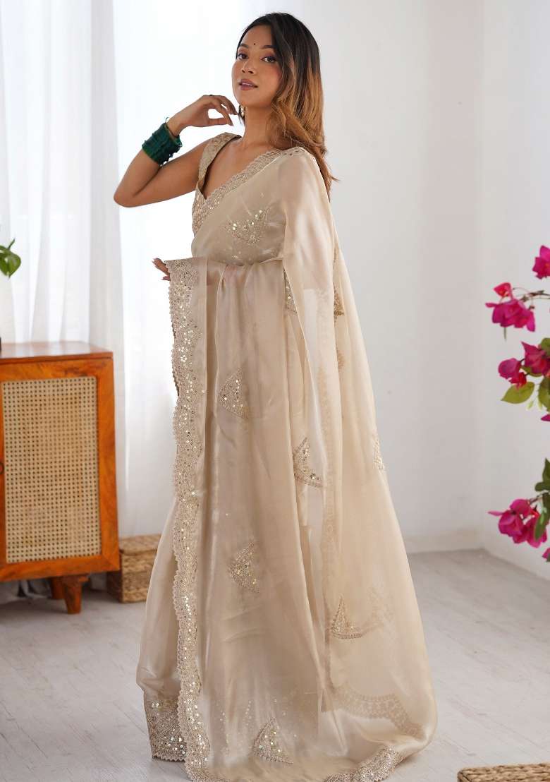 Cream Organza Saree Set with Printed for Diwali | Wedding & Festive Wear - Indya