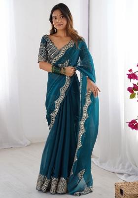 Teal Blue Printed Organza Saree Set