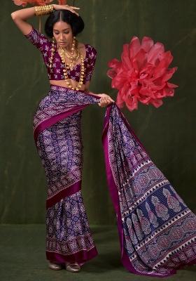 Navy Blue Printed Crepe Saree Set