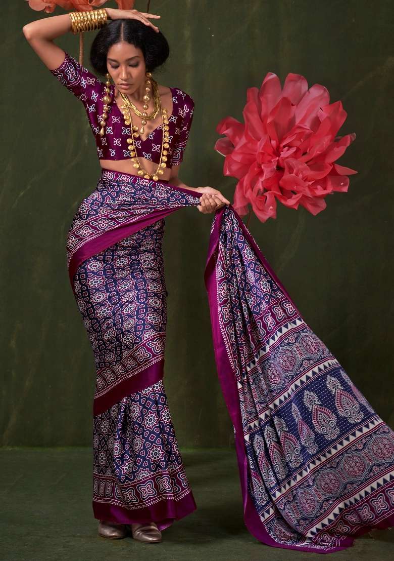 Navy Blue Printed Crepe Saree Set - Indya