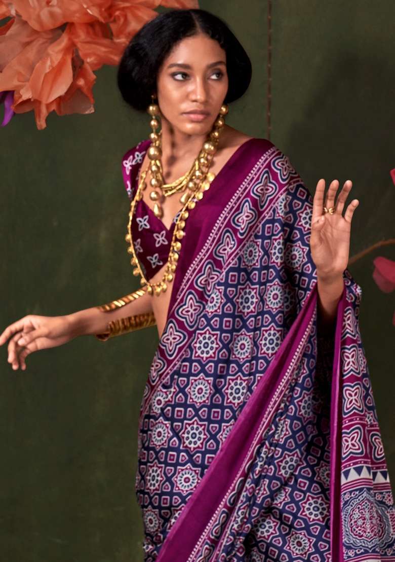 Navy Blue Printed Crepe Saree Set - Indya