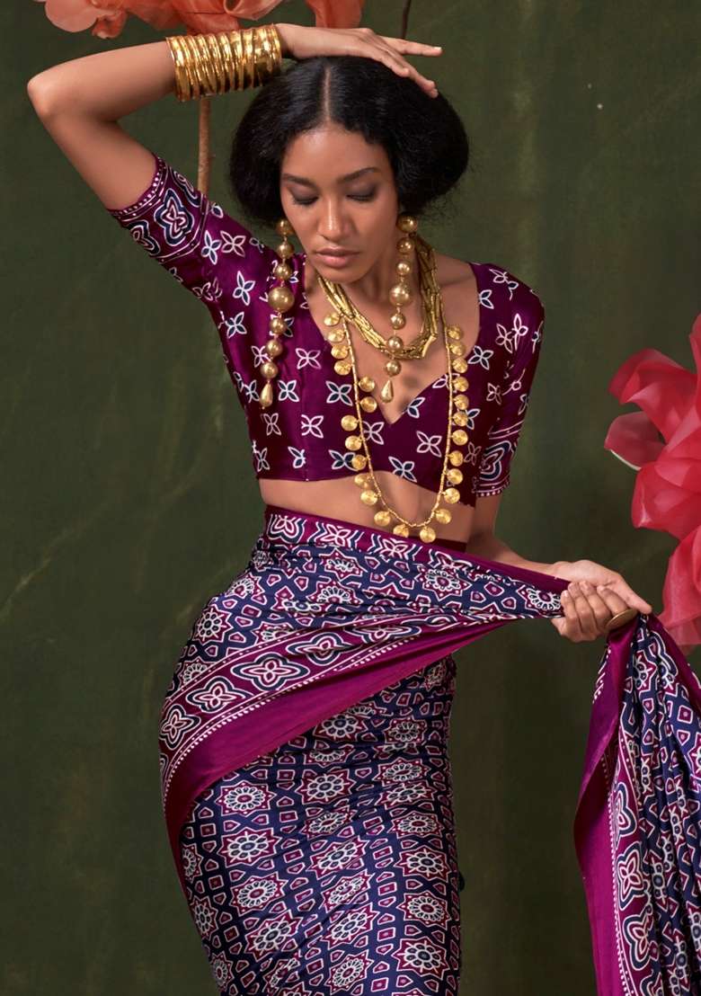 Navy Blue Printed Crepe Saree Set - Indya
