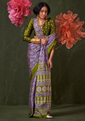 Purple Printed Crepe Saree Set