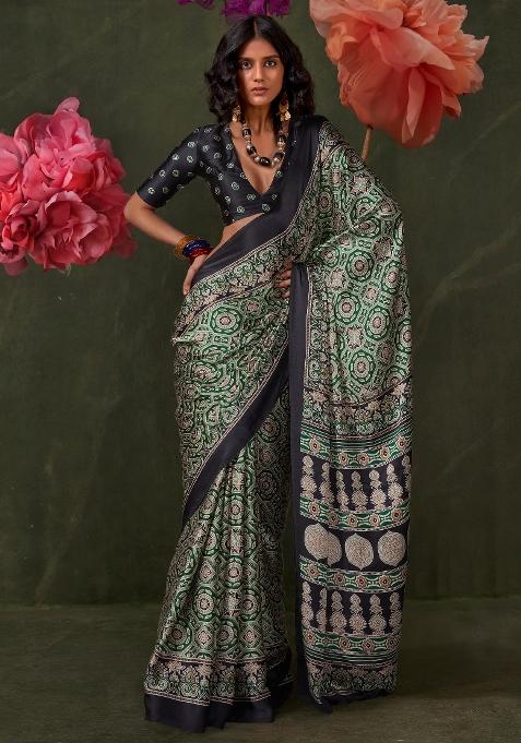 Green Printed Crepe Saree Set — view on Indya
