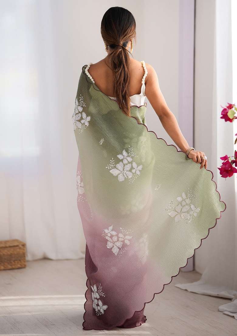 Light Green Printed Chiffon Saree Set - Indya