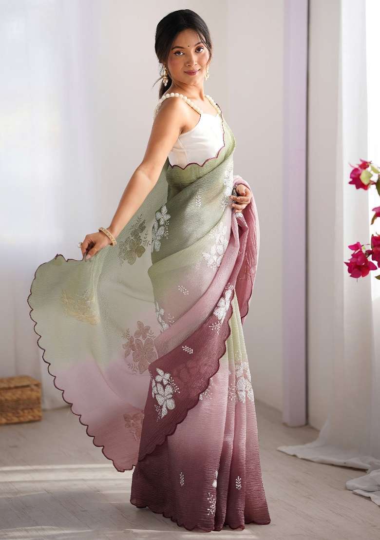 Light Green Printed Chiffon Saree Set - Indya