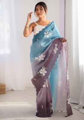Blue Printed Chiffon Saree Set