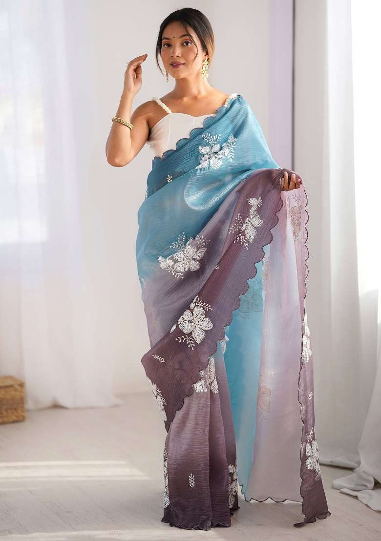 Blue Printed Chiffon Saree Set for Diwali and Festive Wear - Indya