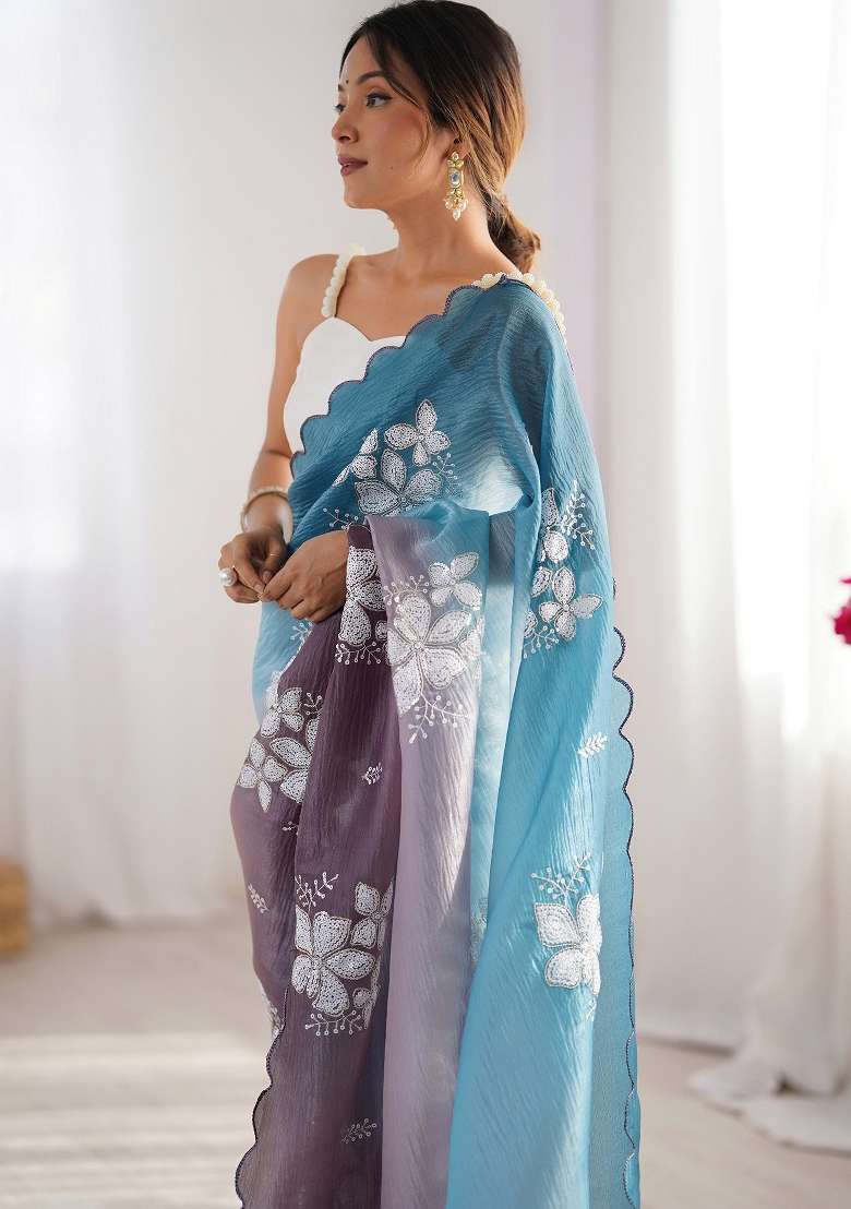 Blue Printed Chiffon Saree Set for Diwali and Festive Wear - Indya