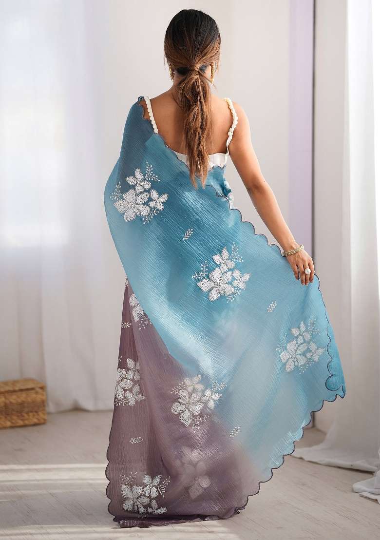 Blue Printed Chiffon Saree Set for Diwali and Festive Wear - Indya