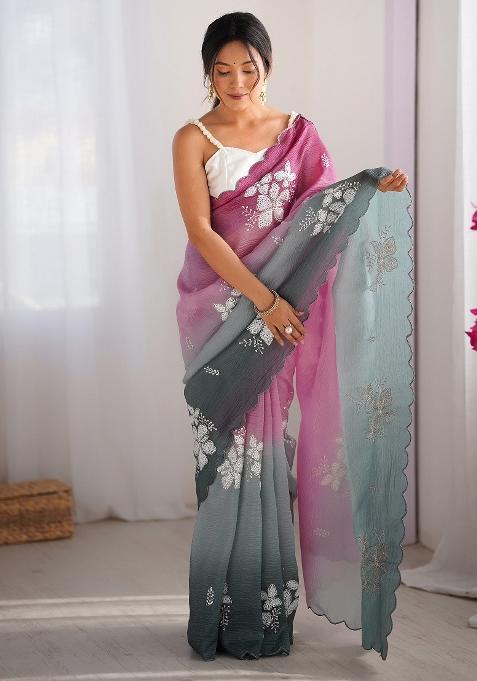 Pink Printed Chiffon Saree Set — view on Indya