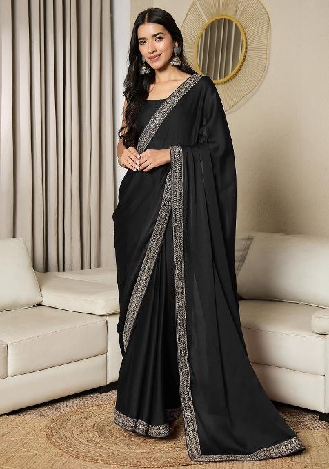 Black Printed Satin Saree Set