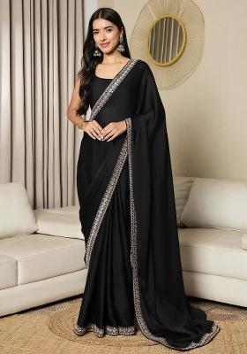 Black Printed Satin Saree Set