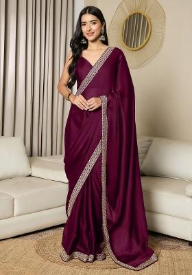 Magenta Printed Satin Saree Set