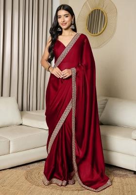 Maroon Printed Satin Saree Set