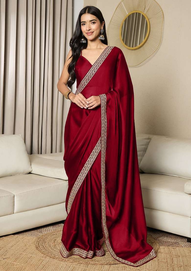 Maroon Printed Satin Saree Set for Diwali and Festive Wear - Indya