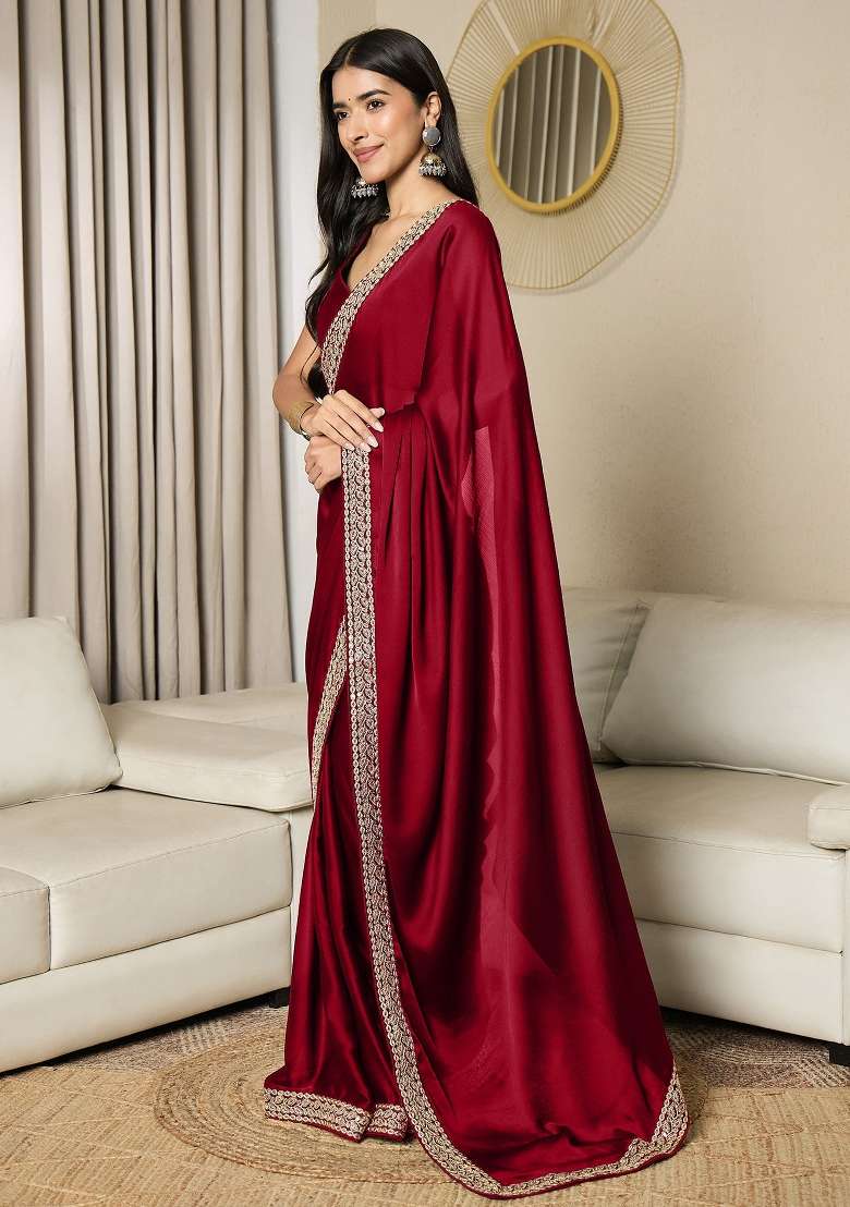 Maroon Printed Satin Saree Set for Diwali and Festive Wear - Indya