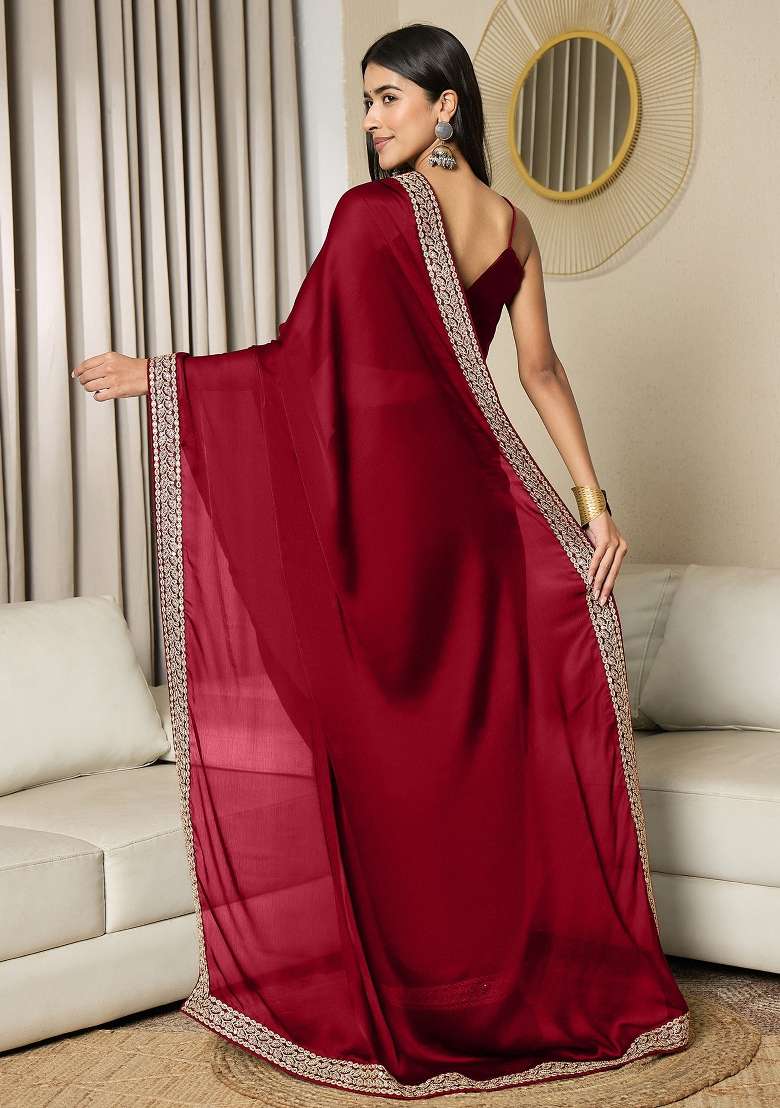 Maroon Printed Satin Saree Set for Diwali and Festive Wear - Indya